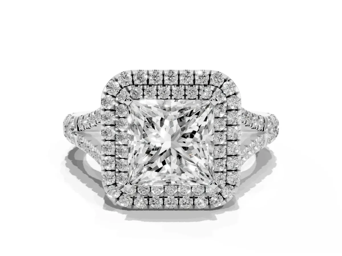 Double Halo Princess Cut Diamond Split Shank Engagement Ring with Four-Prong Setting Silver