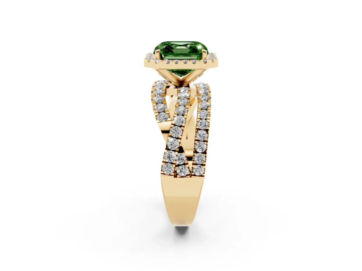 Fancy Green Asscher Cut Diamond Halo Ring with Round Split Shank and Prong Setting Yellow gold