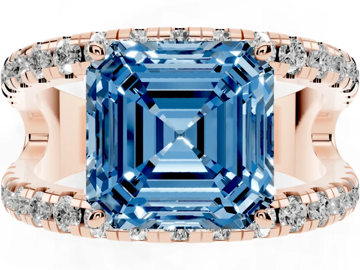 Fancy Blue Asscher Cut Solitaire Split Shank Pave Diamond Ring Rose gold