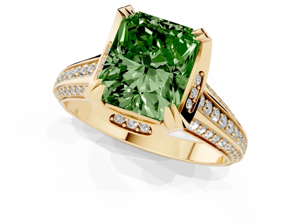 Fancy Green Radiant Cut Solitaire Pave Split Shank Ring with Four-Prong Setting Yellow gold