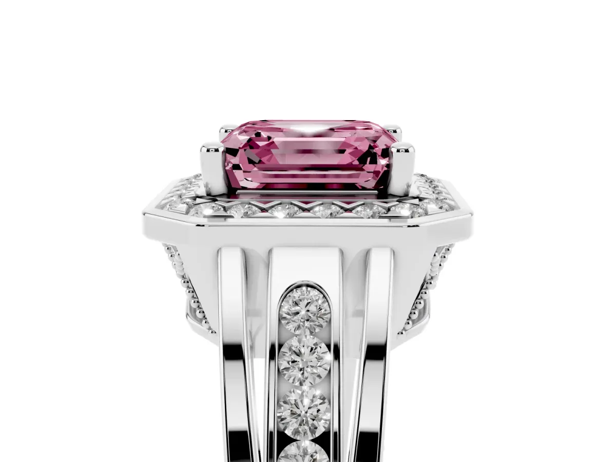 Fancy Pink Asscher Cut Diamond Halo Ring with Split Shank and Bezel Accents and Prong Setting Silver