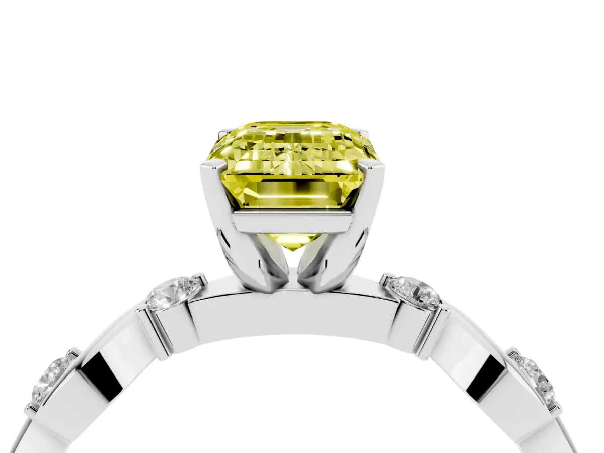 Fancy Yellow Emerald Cut Diamond Solitaire Twisted Band with Round Accents and Prong Setting Silver