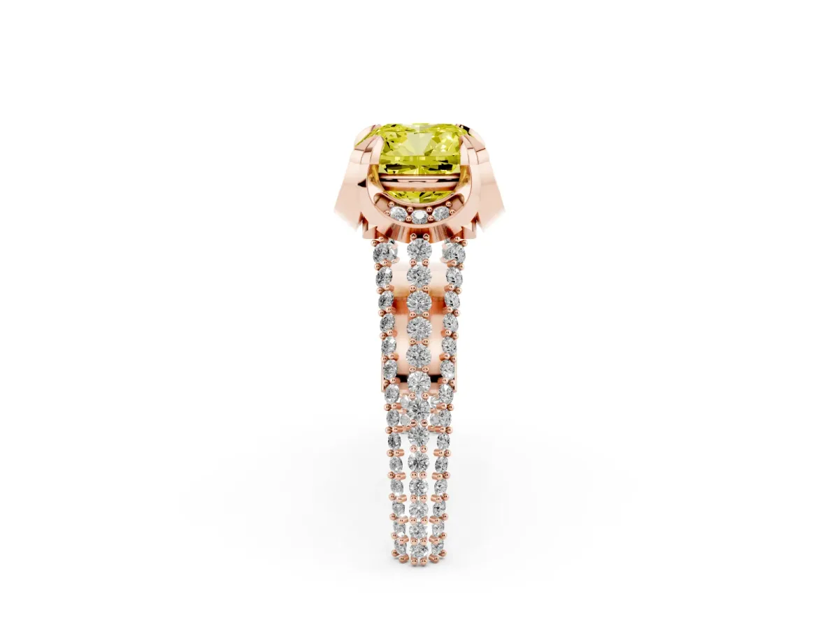 Fancy Yellow Cushion Cut Solitaire Pave Split Shank Ring with Four-Prong Setting Rose gold