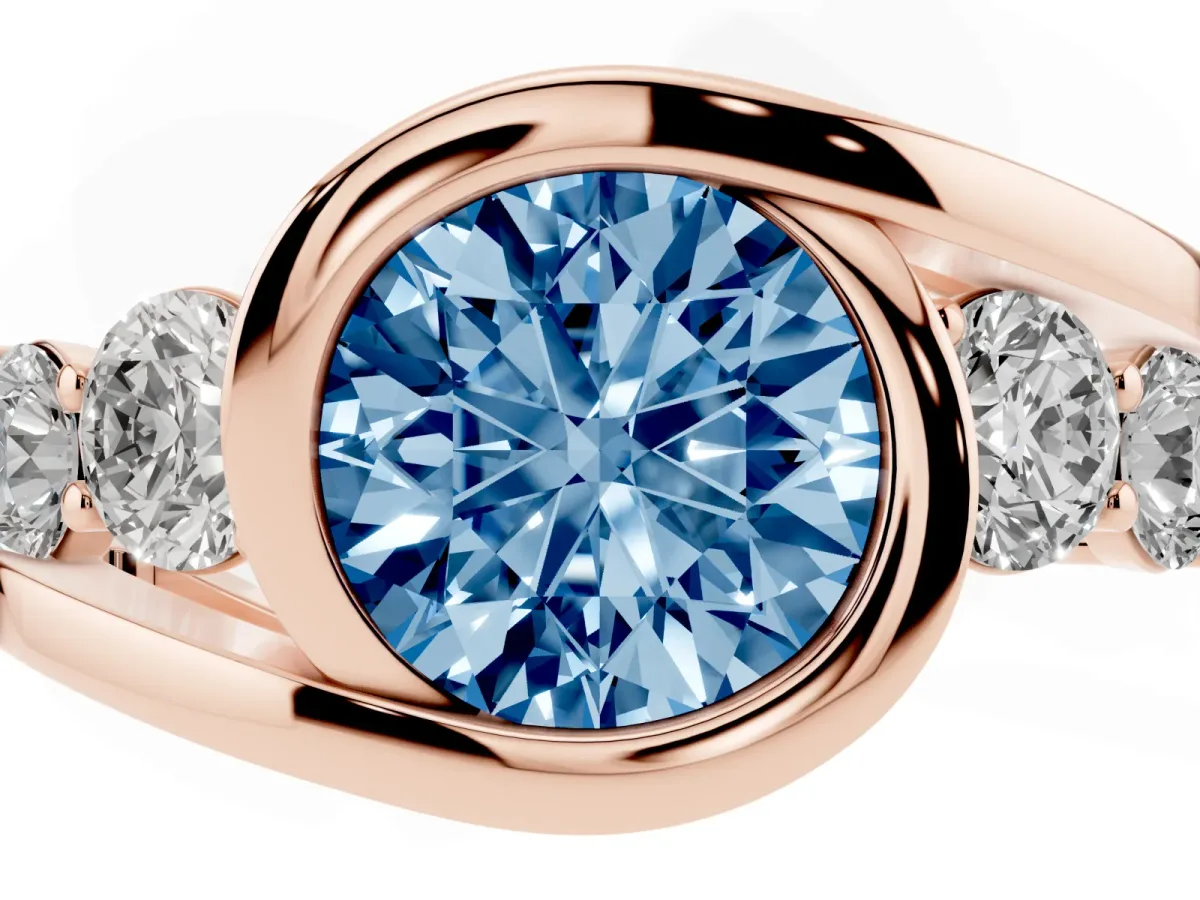 Fancy Blue Bezel Set Round Cut Diamond Bypass Ring with Round Accents Rose gold