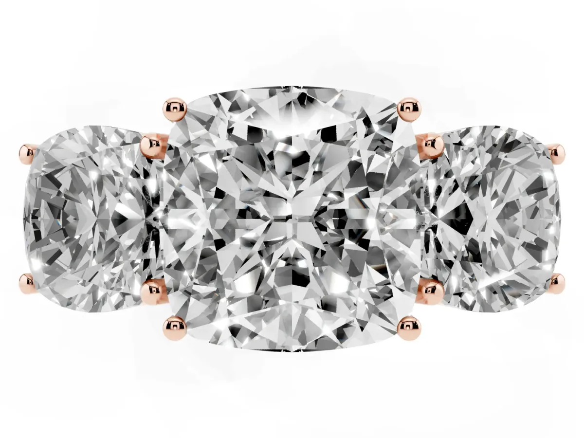 Three-Stone Cushion Cut Diamond Braided Band Ring with Four-Prong Setting Rose gold