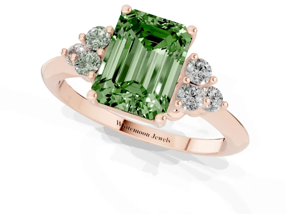 Fancy Green Emerald Cut Cut Diamond Cluster Ring with Solitaire Band and Four-Prong Setting Rose gold