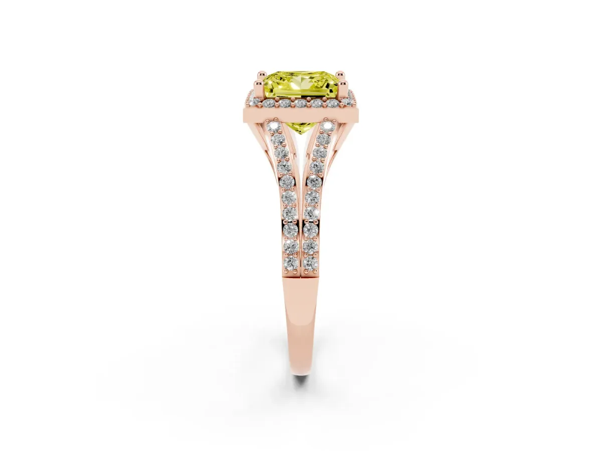 Fancy Yellow Princess Cut Halo Split Shank Diamond Ring with Prong Setting Rose gold