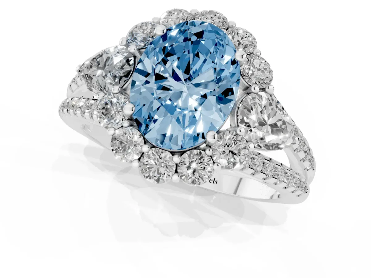Fancy Blue Oval Cut Halo Split Shank Diamond Engagement Ring with Prong Setting Platinum