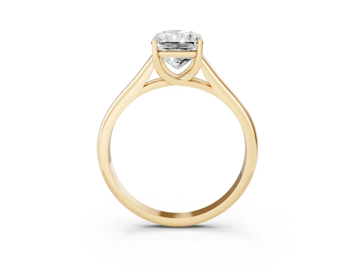 Radiant Cut Solitaire Engagement Ring with Tapered Band and Four-Prong Setting Yellow gold