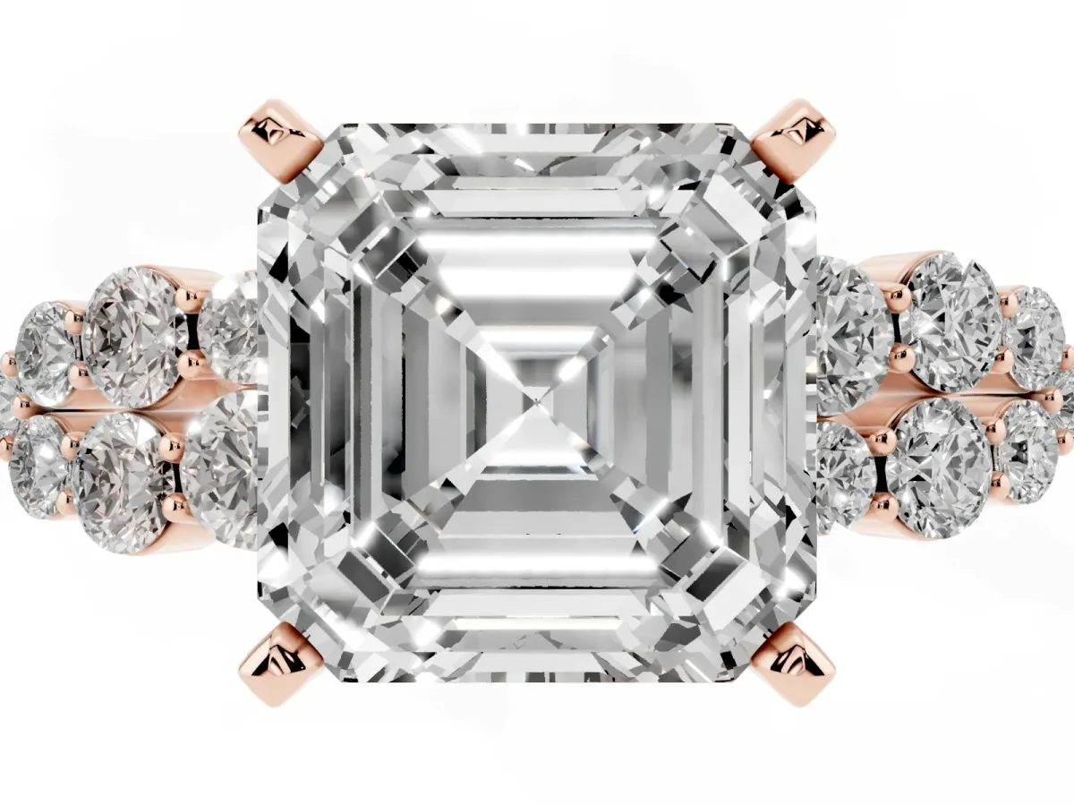 Asscher Cut Cluster Diamond Engagement Ring with Pavé Band and Four-Prong Setting Rose gold