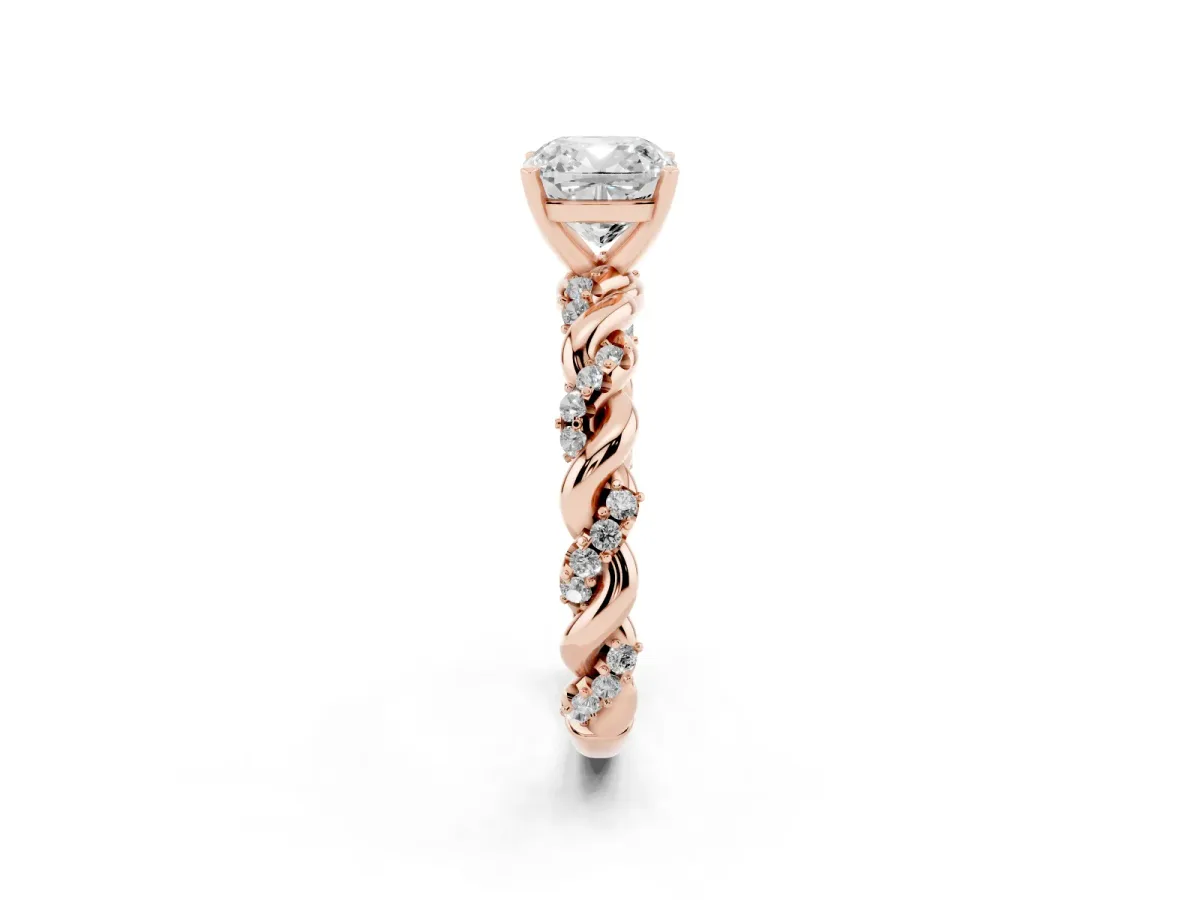 Cushion Cut Diamond Solitaire Ring with Twisted Band and Pavé Accents Rose gold