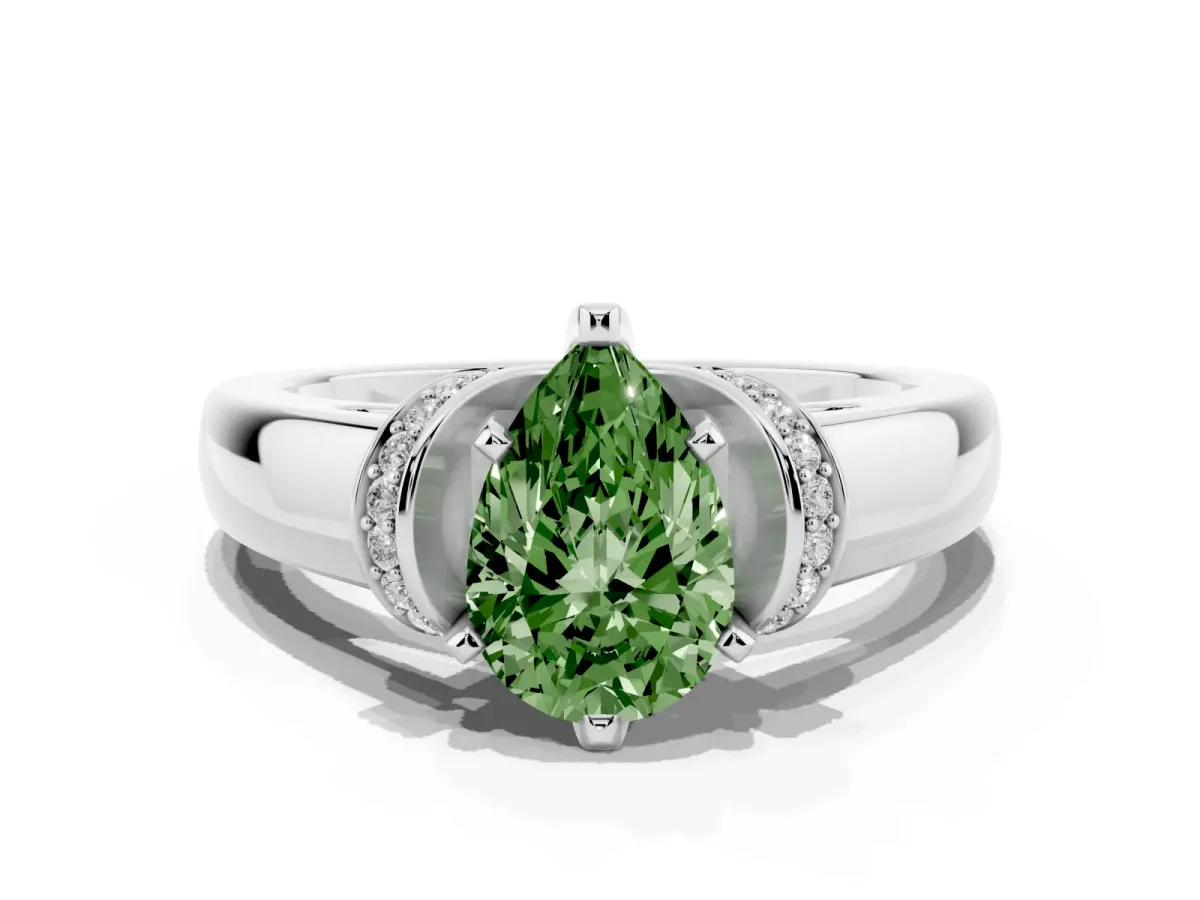 Fancy Green Pear Cut Solitaire Diamond Ring with Pave Band and Six-Prong Setting Silver