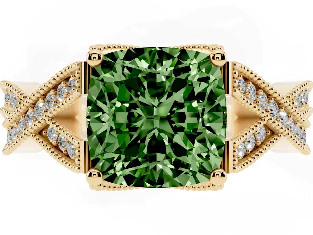 Fancy Green Cushion Cut Cut Diamond Twisted Band with Milgrain Pave Setting and Four-Prong Setting Yellow gold