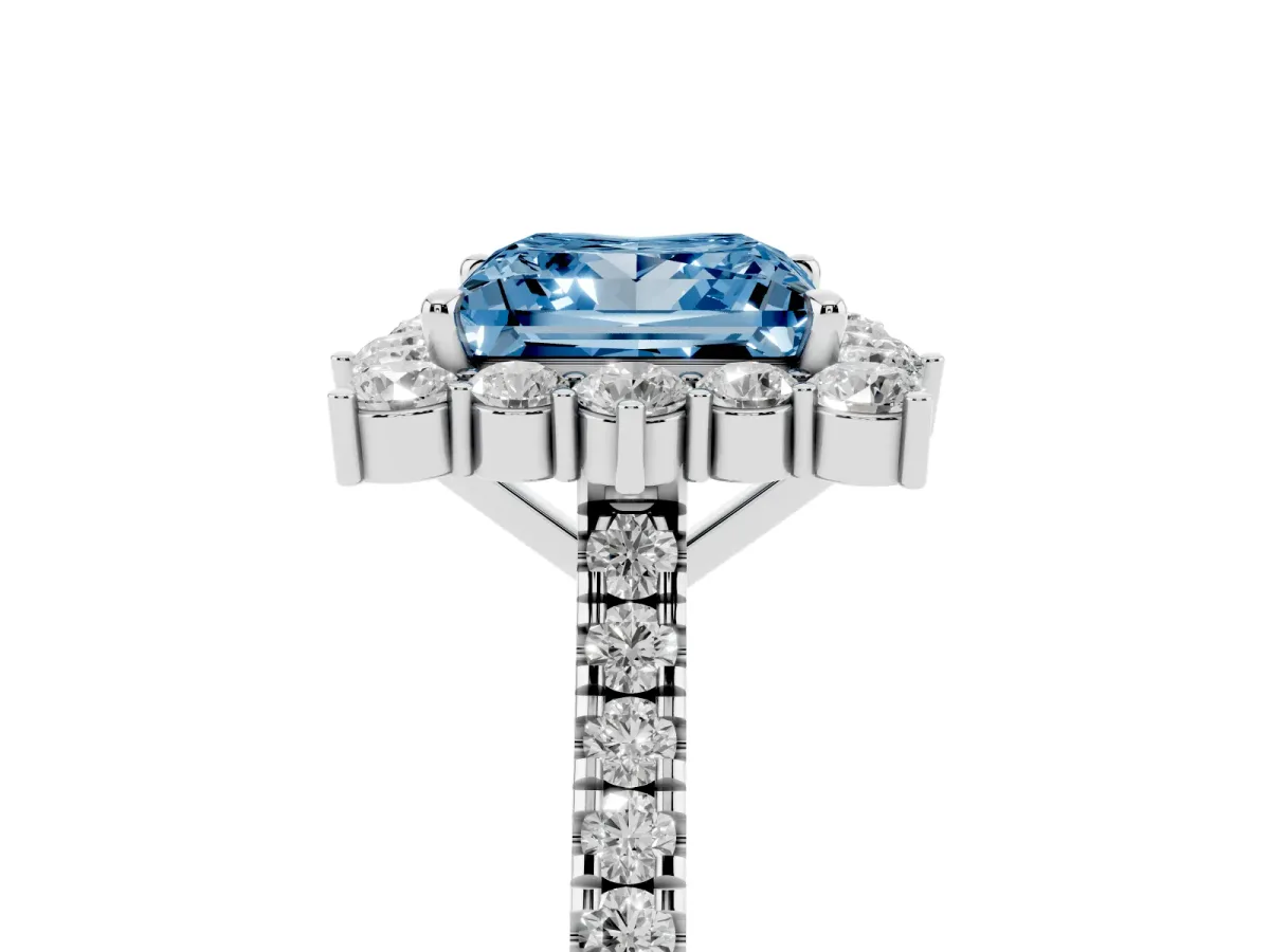 Fancy Blue Princess Cut Halo Diamond Ring with Pavé Band and Prong Setting Platinum