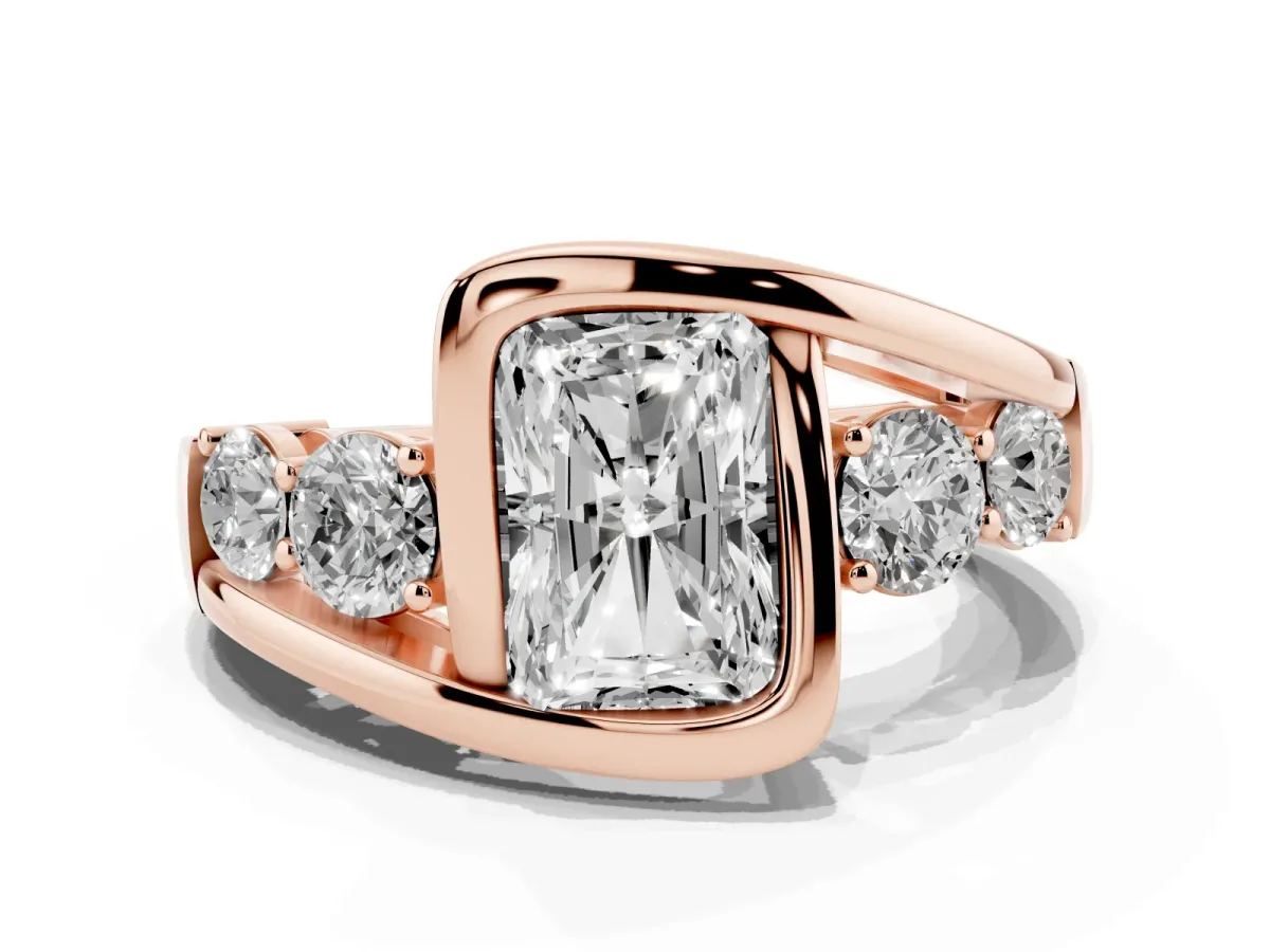 Bezel Set Radiant Cut Diamond Bypass Ring with Round Accents Rose gold