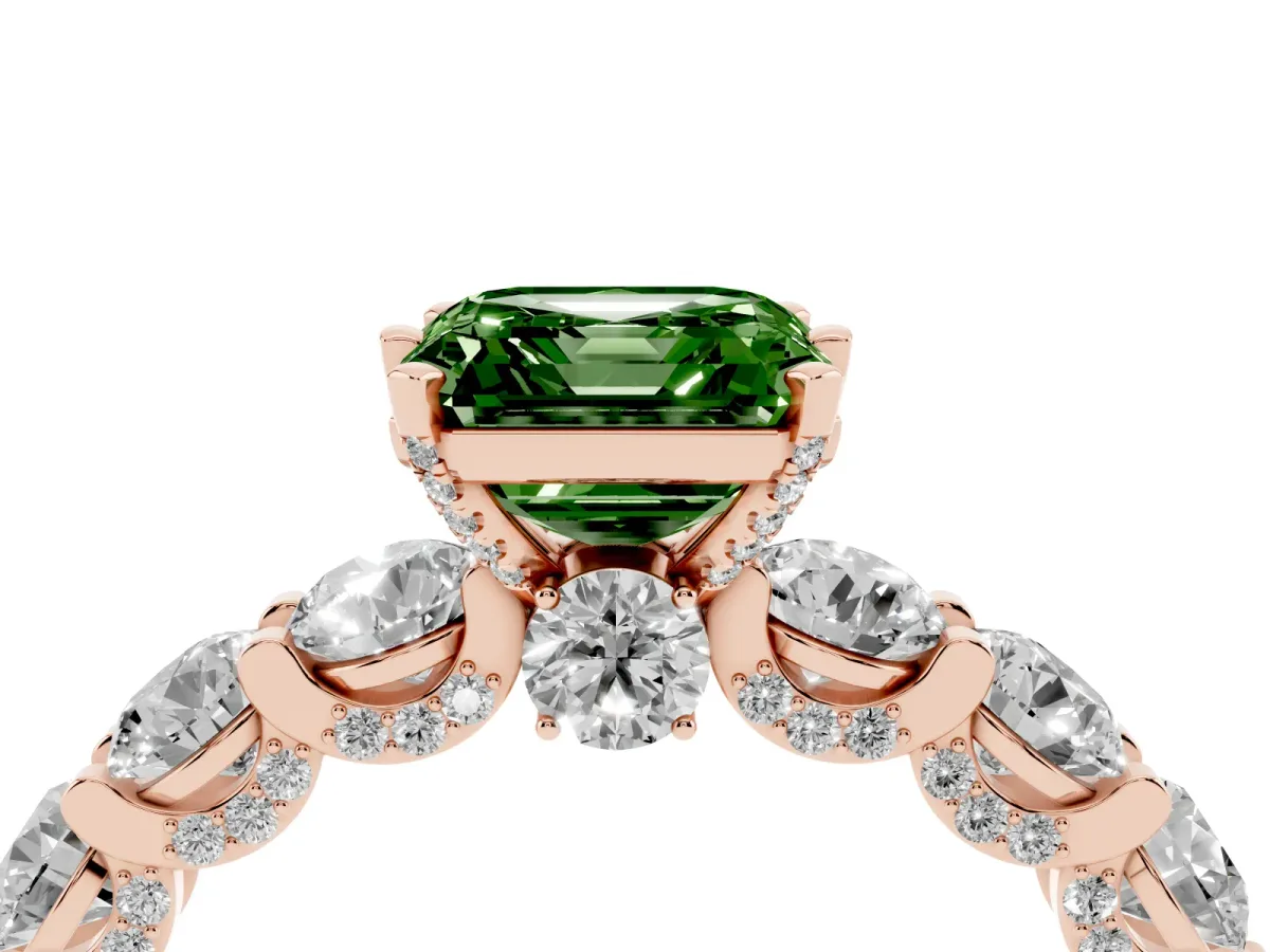 Fancy Green Asscher Cut Diamond Side Stone Engagement Ring with Four-Prong Setting Rose gold