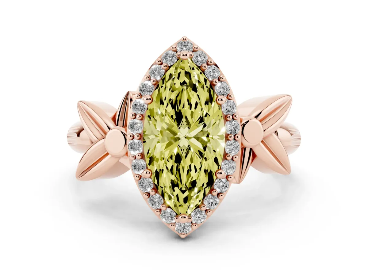 Fancy Yellow Marquise Cut Halo Diamond Floral Band with Four-Prong Setting Rose gold