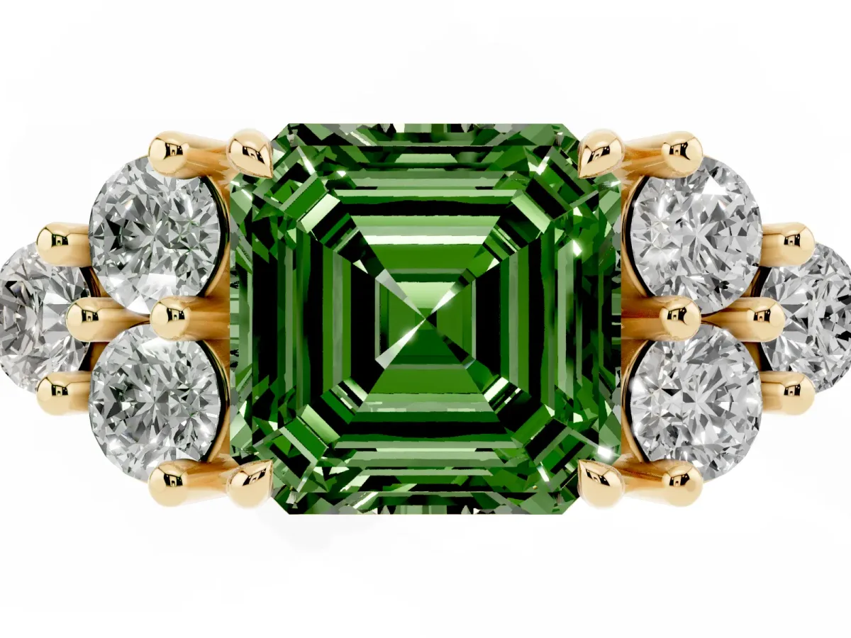 Fancy Green Asscher Cut Brilliant Diamond Cluster Accent Solitaire Ring with Prong Setting Yellow gold