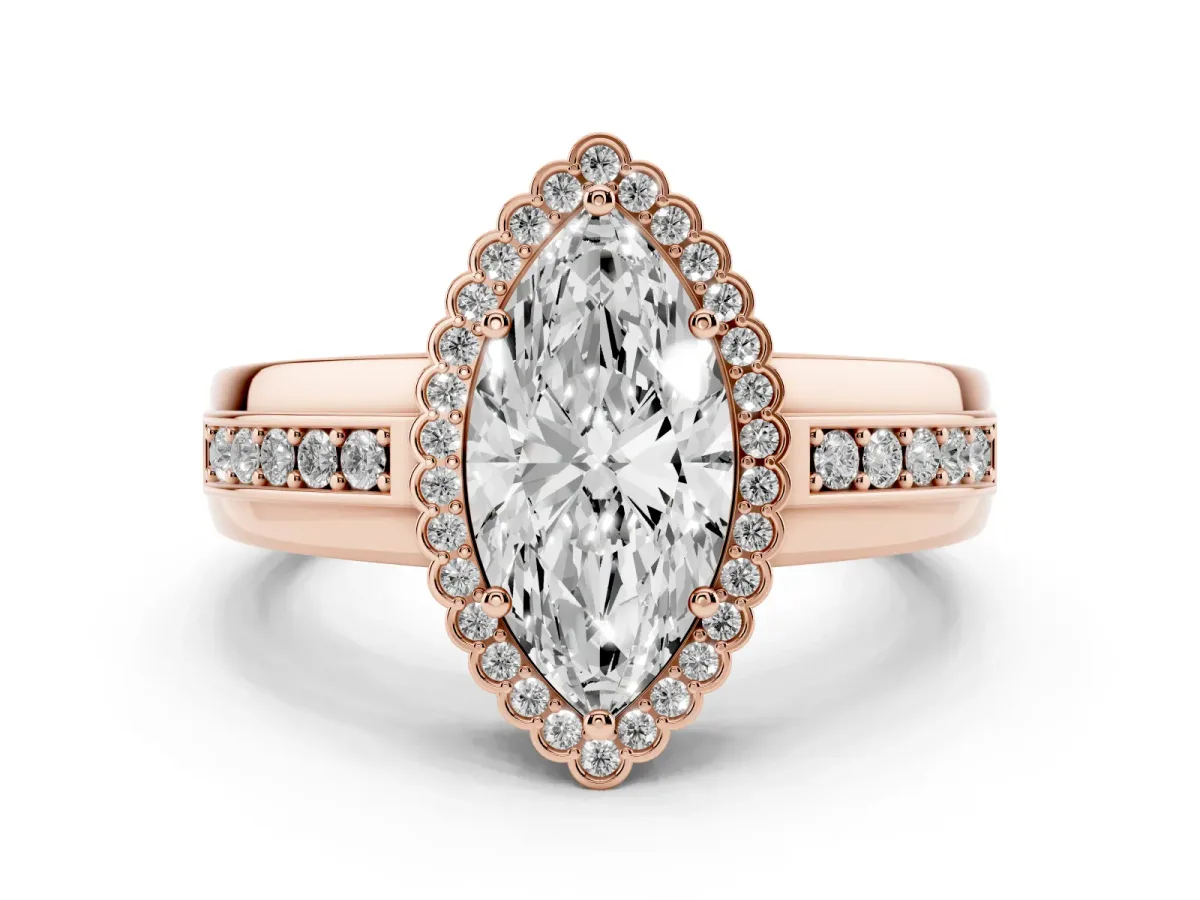 Marquise Cut Cut Halo Pave Band Four-Prong Ring Rose gold