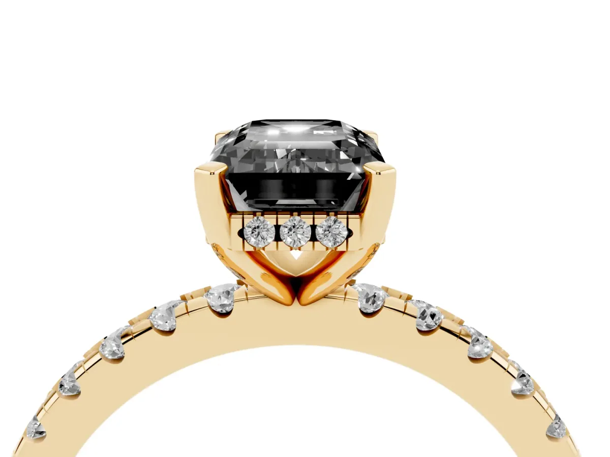 Fancy Black Emerald Cut Diamond Solitaire Ring with Round Pavé Band and Four-Prong Setting Yellow gold