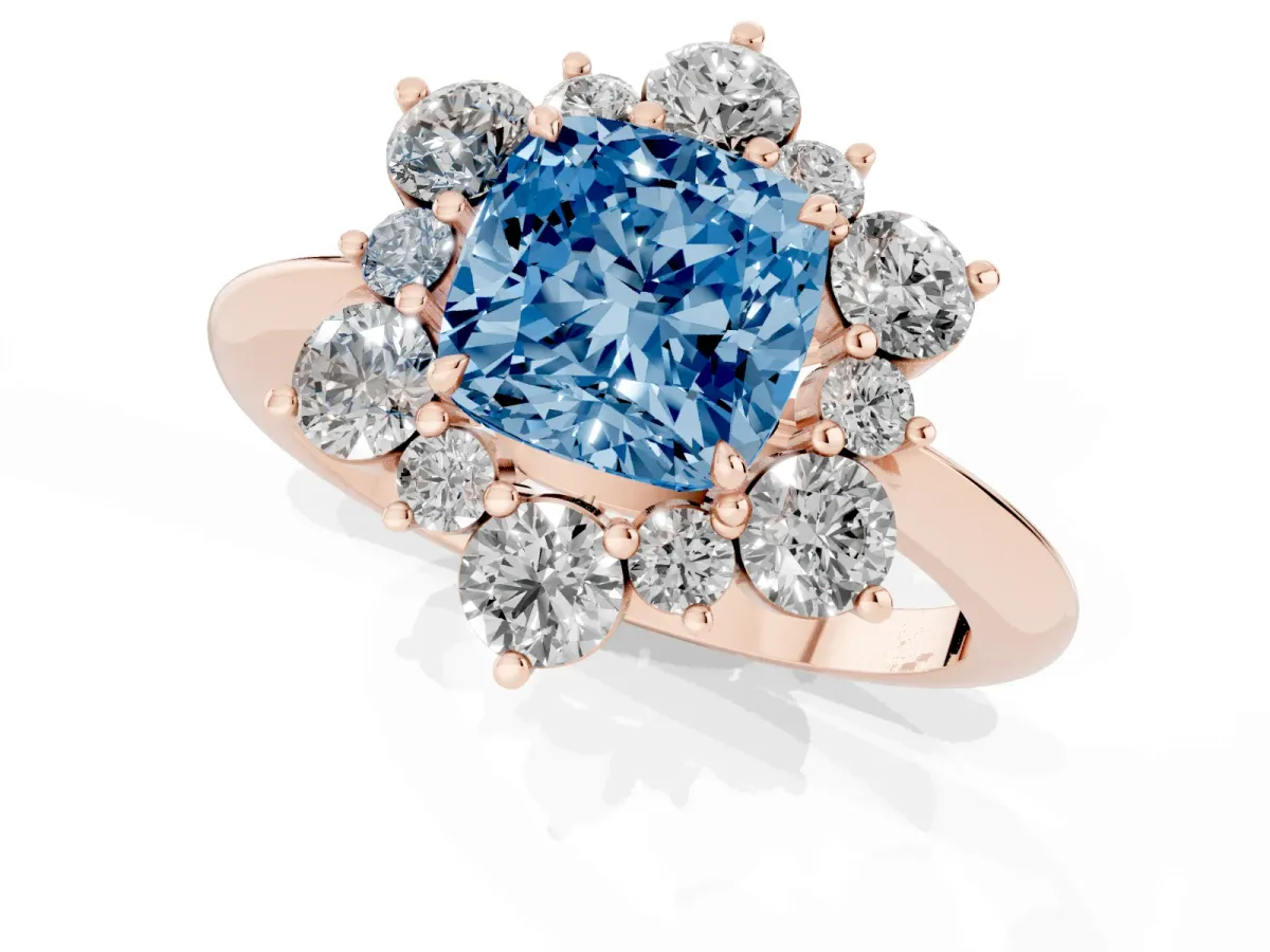 Fancy Blue Cushion Cut Diamond Cluster Halo Ring with Solitaire Band and Four-Prong Setting Rose gold