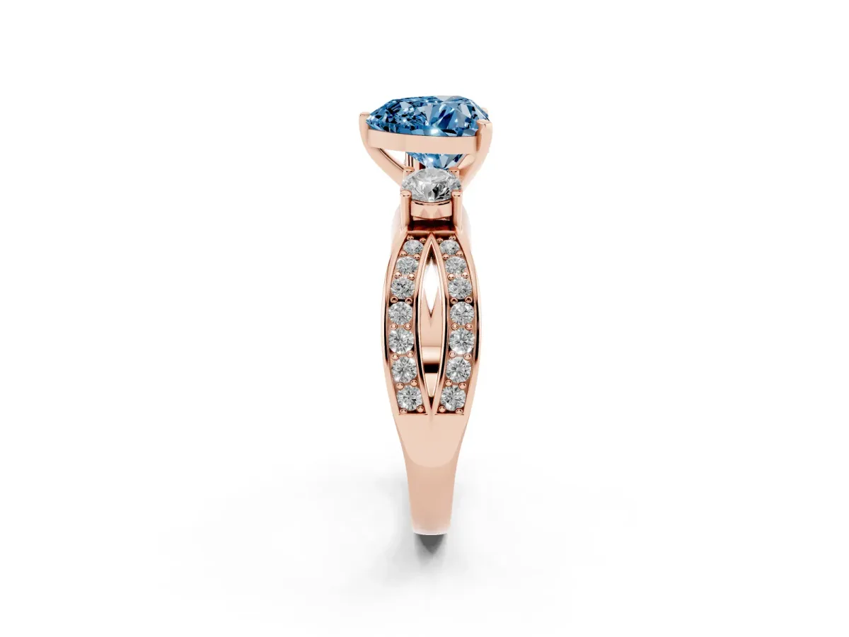 Fancy Blue Three-Stone Heart Cut Cut Diamond Twist Band with Prong Setting Rose gold