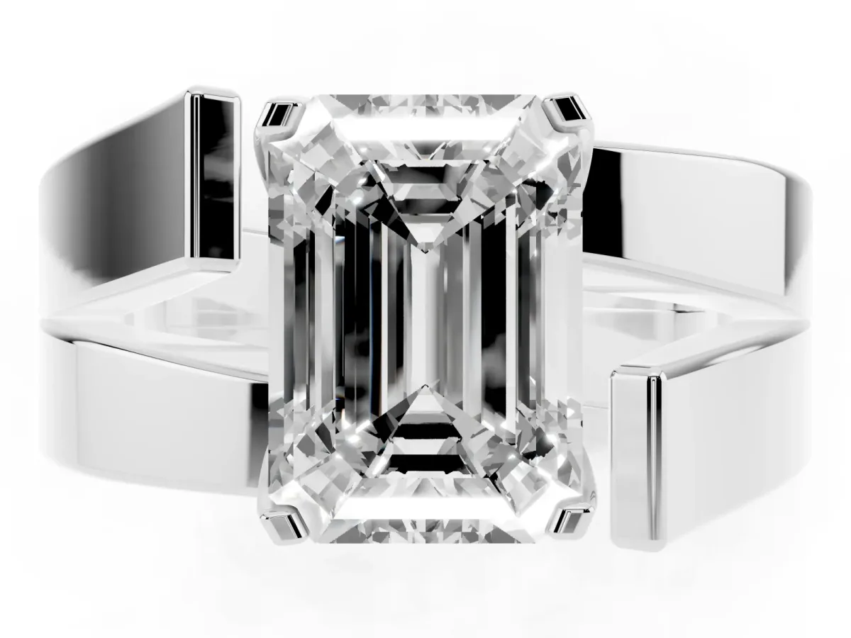 Modern Tension Set Emerald Cut Diamond Solitaire Wide Band Ring Silver