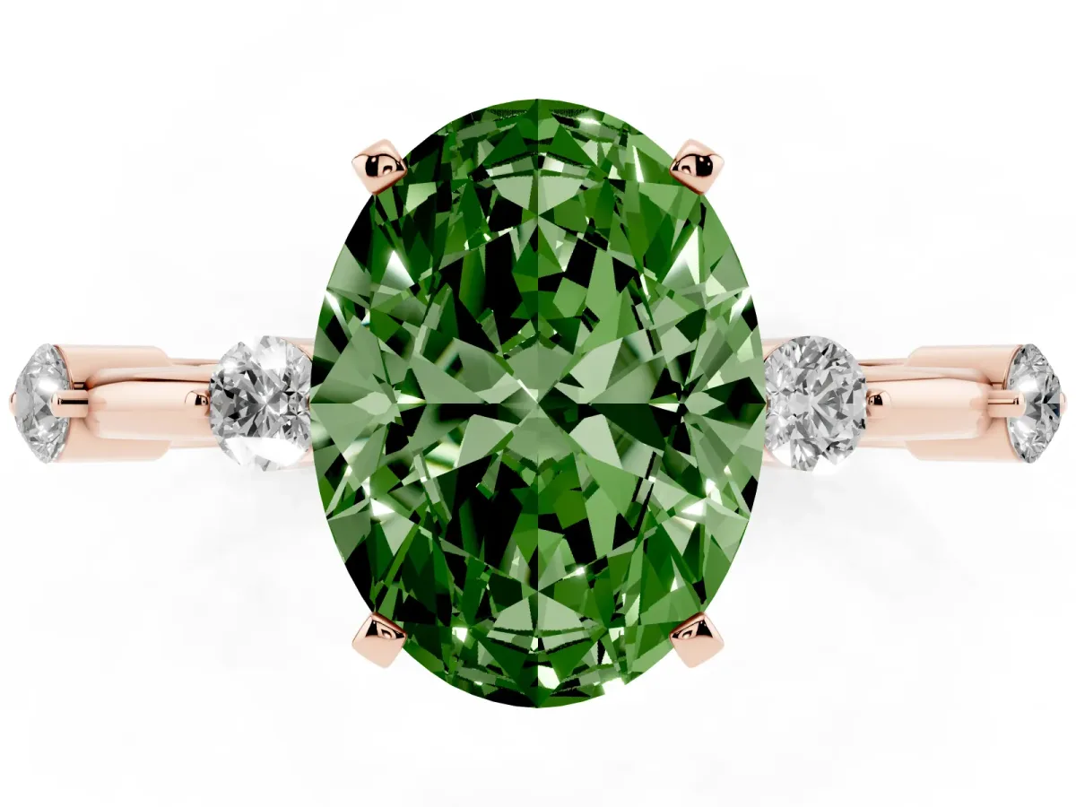 Fancy Green Oval Cut Solitaire Diamond Ring with Bezel Set Side Stones and Prong Setting Rose gold