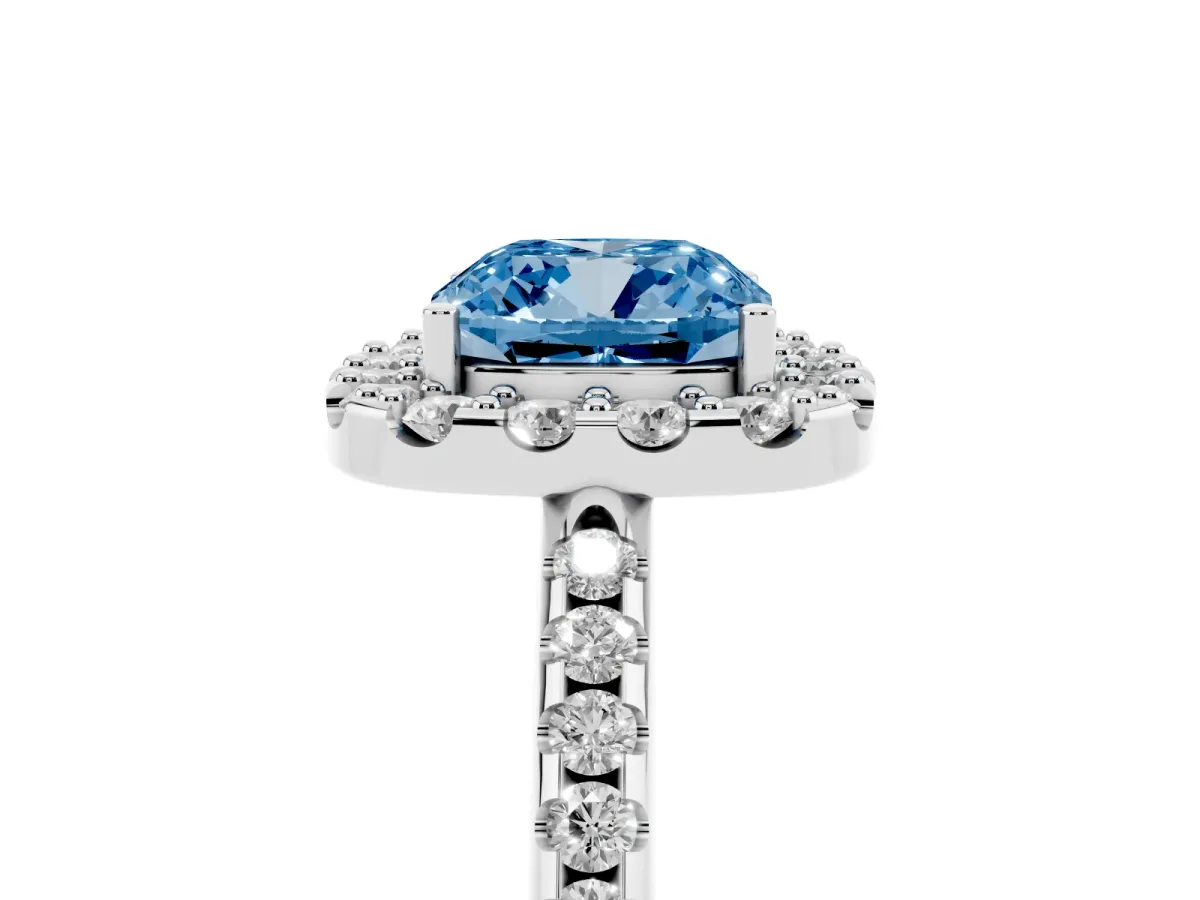 Fancy Blue Cushion Cut Diamond Pavé Halo Ring with Four-Prong Setting Silver
