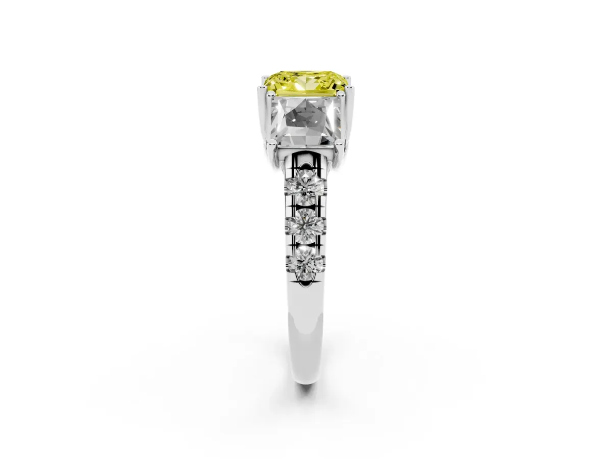Fancy Yellow Three-Stone Princess Cut Diamond Pavé Band with Prong Setting Silver