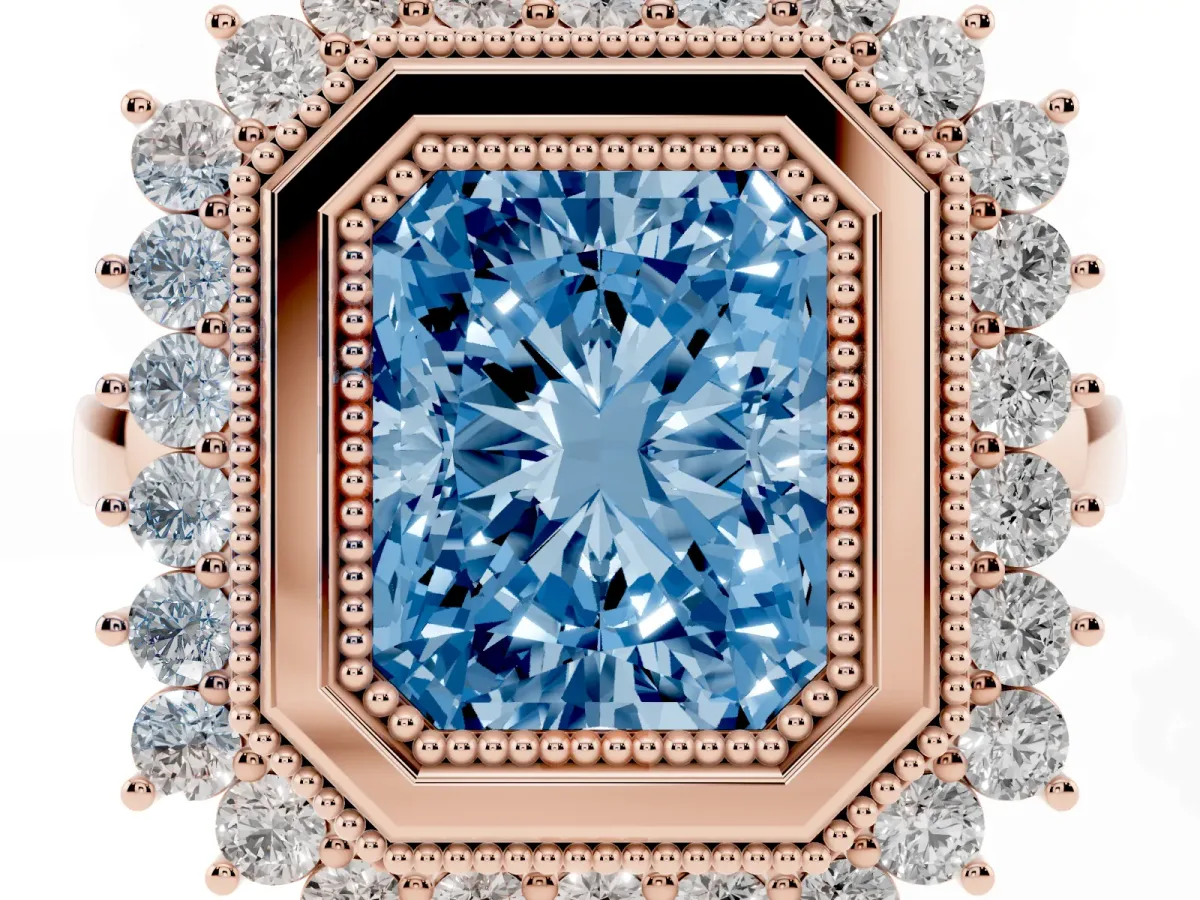 Fancy Blue Radiant Cut Halo Diamond Ring with Milgrain Edge and Round Prong Setting Rose gold