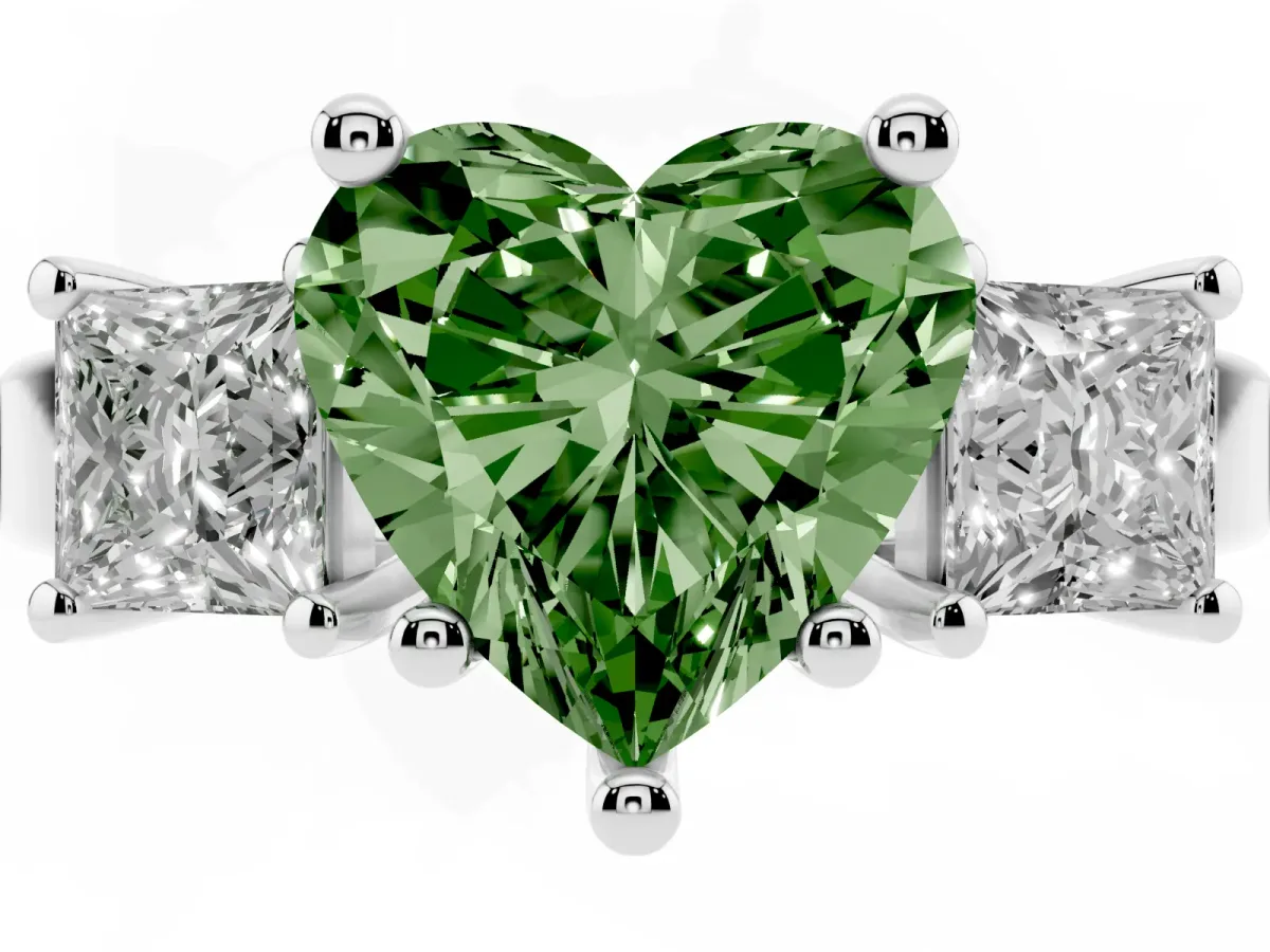 Fancy Green Three-Stone Heart Cut Cut Solitaire Ring with Prong Setting Silver