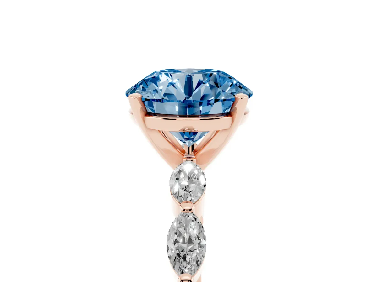 Fancy Blue Round Cut Diamond Ring with Marquise Side Stones and Prong Setting Rose gold