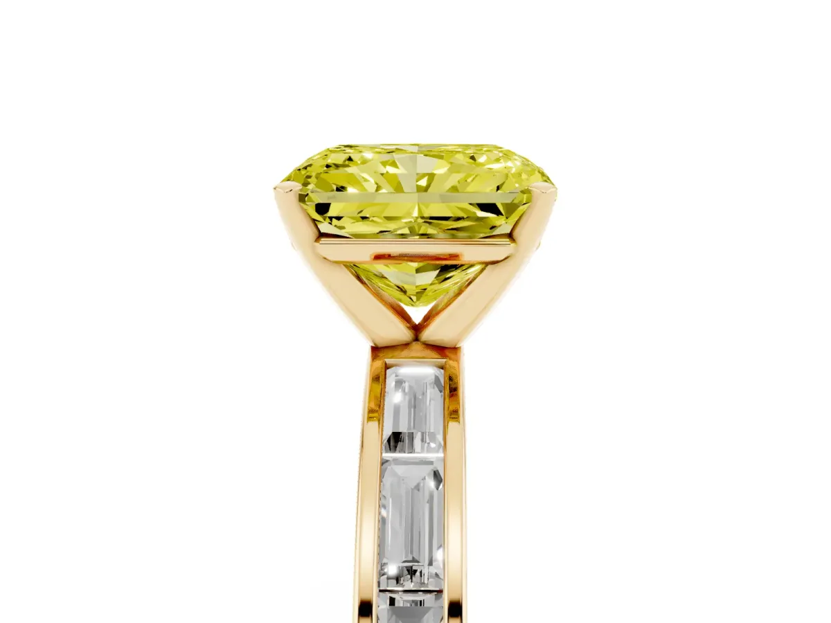 Fancy Yellow Radiant Cut Solitaire Diamond Ring with Channel-Set Baguette Band and Four-Prong Setting Yellow gold