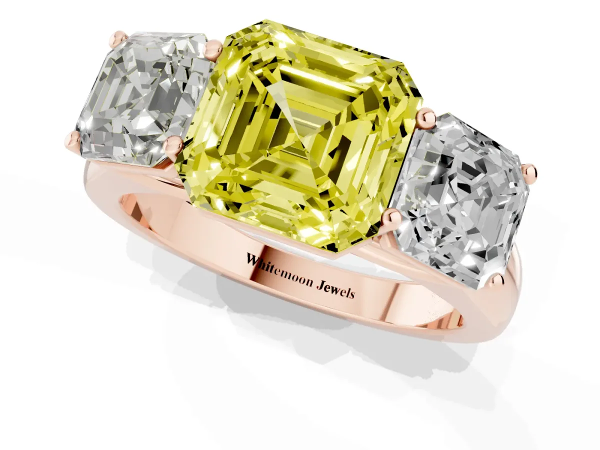 Fancy Yellow Asscher Cut Three-Stone Diamond Ring with Prong Setting on a Classic Band Rose gold