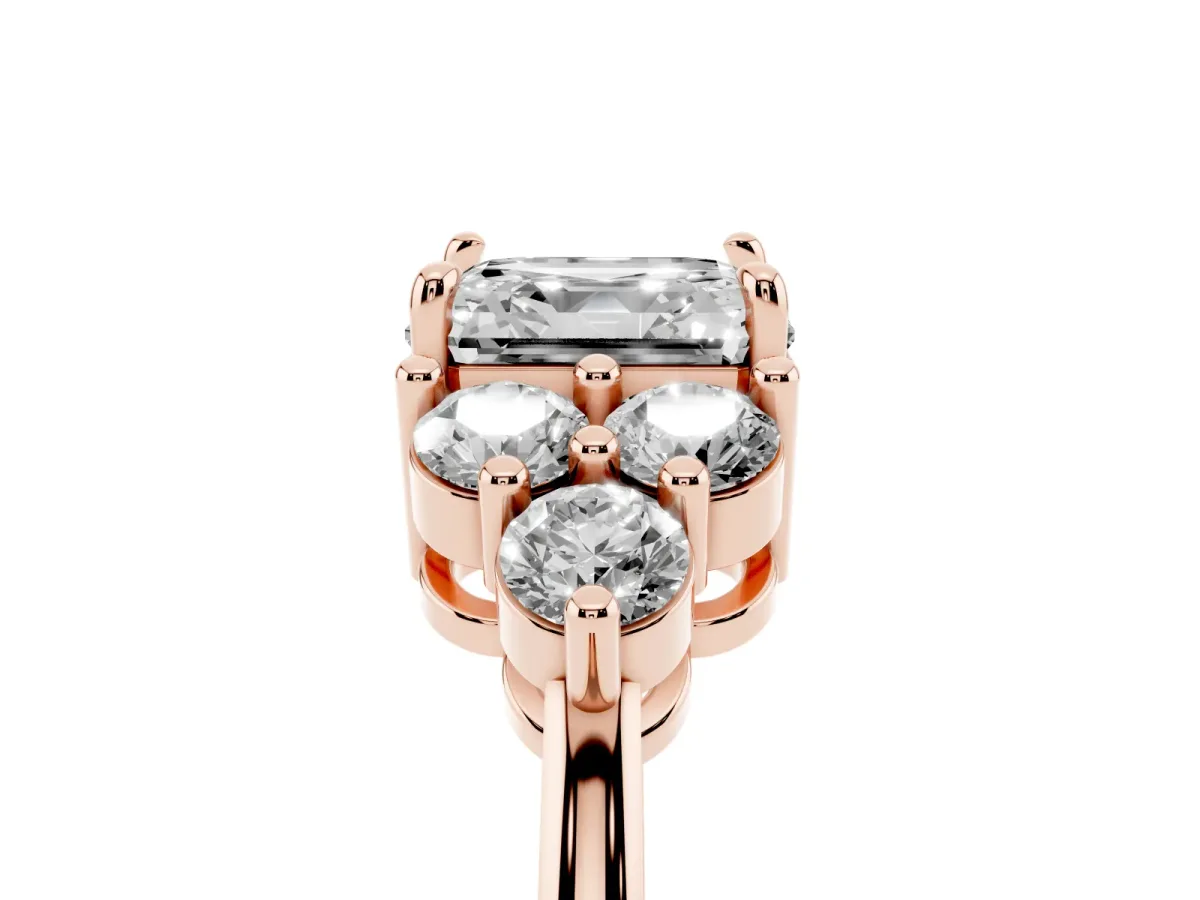 Asscher Cut Brilliant Diamond Cluster Accent Solitaire Ring with Prong Setting Rose gold