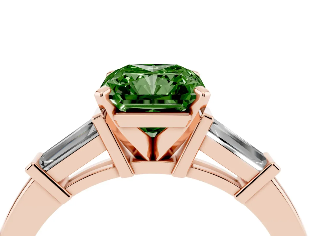 Fancy Green Radiant Cut Cut Diamond Solitaire Ring with Tapered Baguette Accents and Four-Prong Setting Rose gold