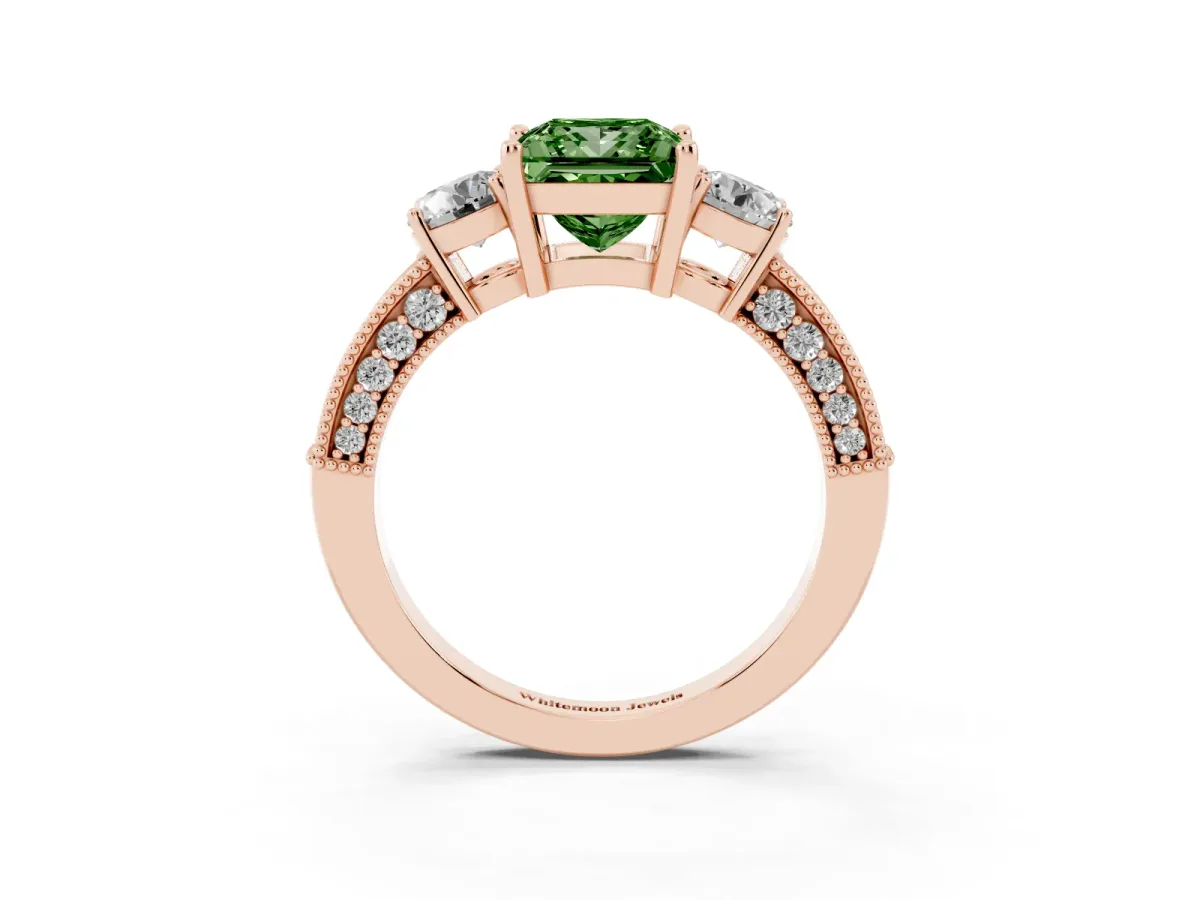 Fancy Green Princess Cut Three-Stone Diamond Ring with Pavé Band and Four-Prong Setting Rose gold
