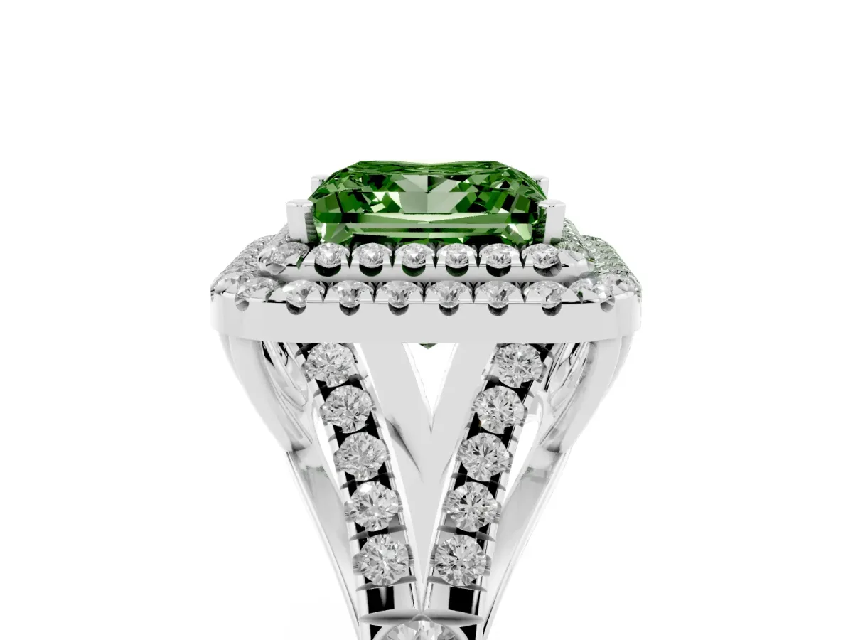 Fancy Green Princess Cut Diamond Pavé Split Shank Double Halo Engagement Ring Silver