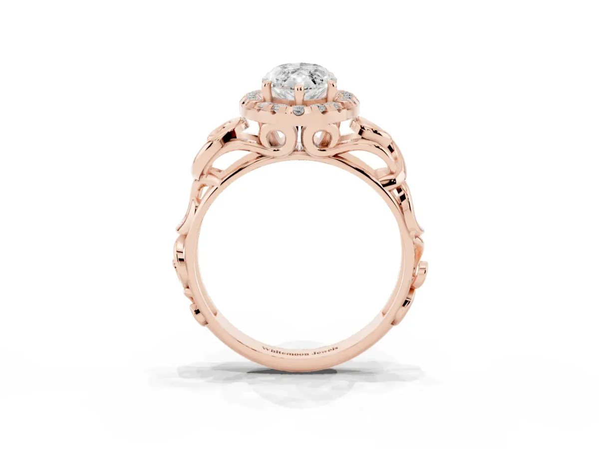 Marquise Cut Cut Halo Diamond Ring with Scrollwork Band and Four-Prong Setting Rose gold