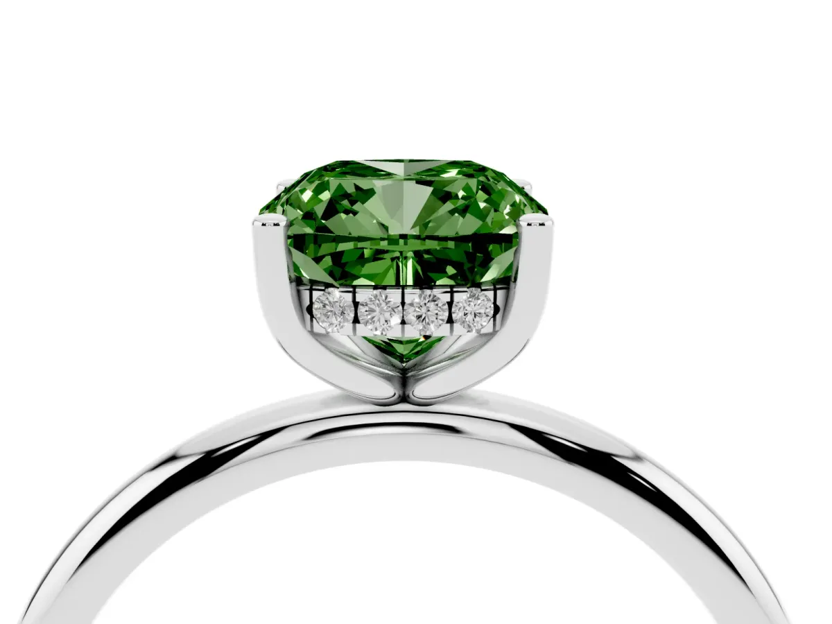 Fancy Green Cushion Cut Cut Solitaire Engagement Ring with Four-Prong Setting and Classic Band Silver