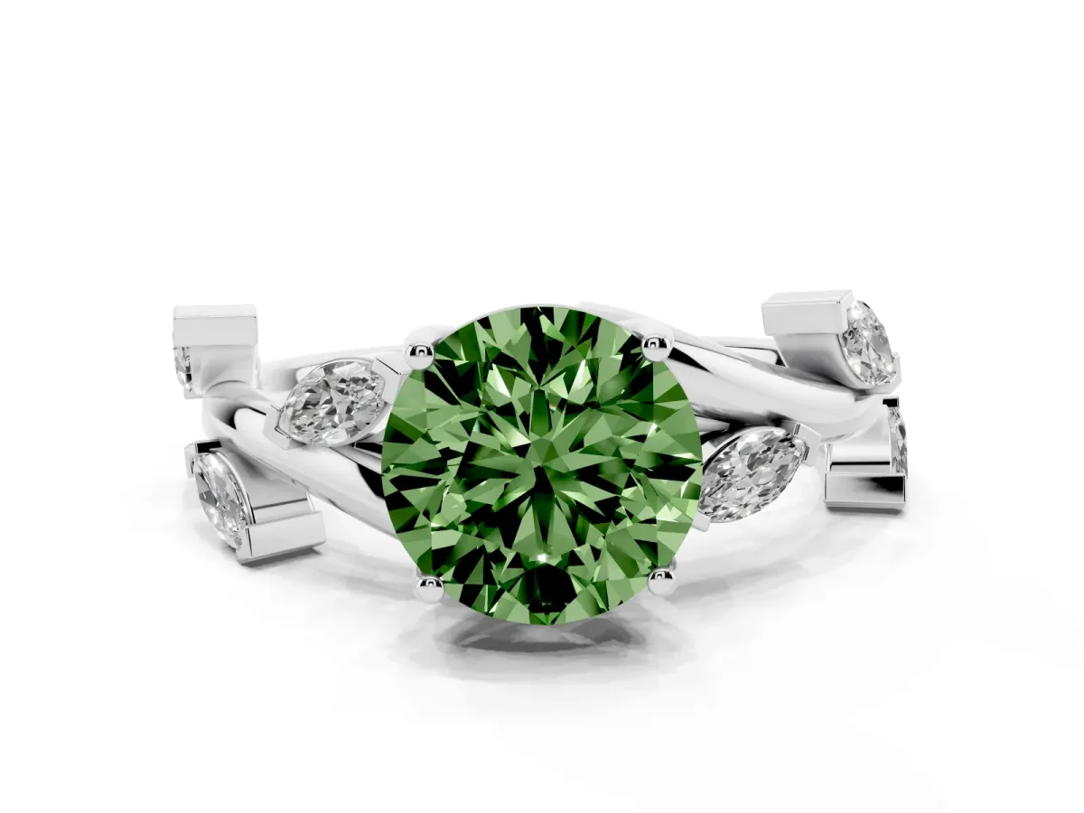 Fancy Green Round Cut Solitaire Twisted Band Marquise Accent Prong Setting Ring Silver