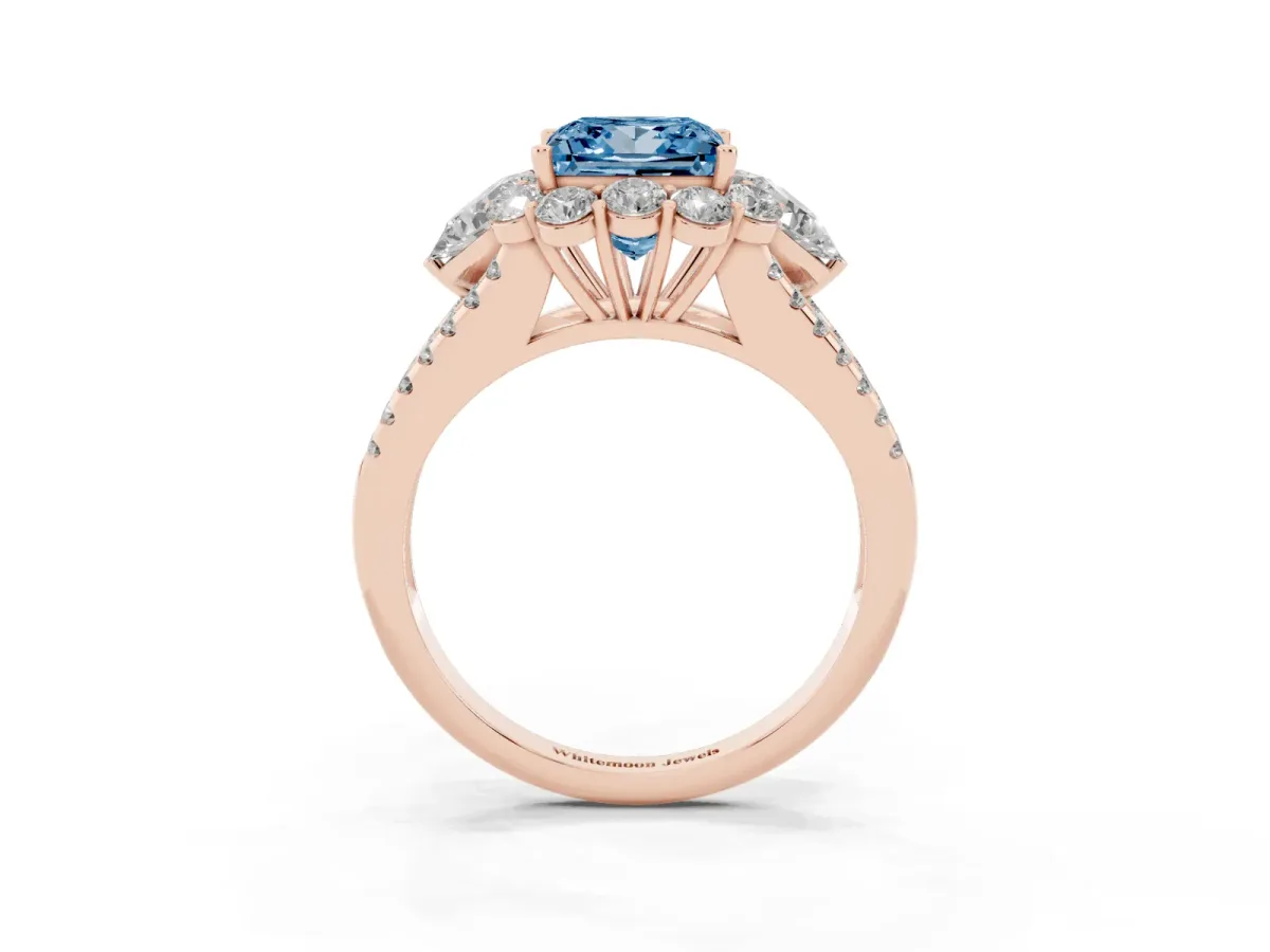 Fancy Blue Princess Cut Halo Split Shank Diamond Engagement Ring with Prong Setting Rose gold