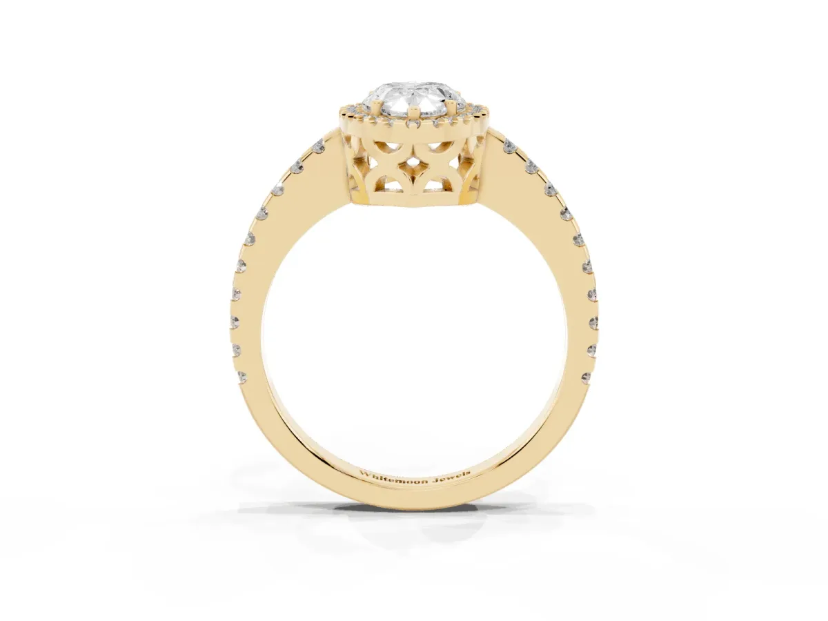 Pear Cut Diamond Halo Engagement Ring with Pavé Band and Prong Setting Yellow gold