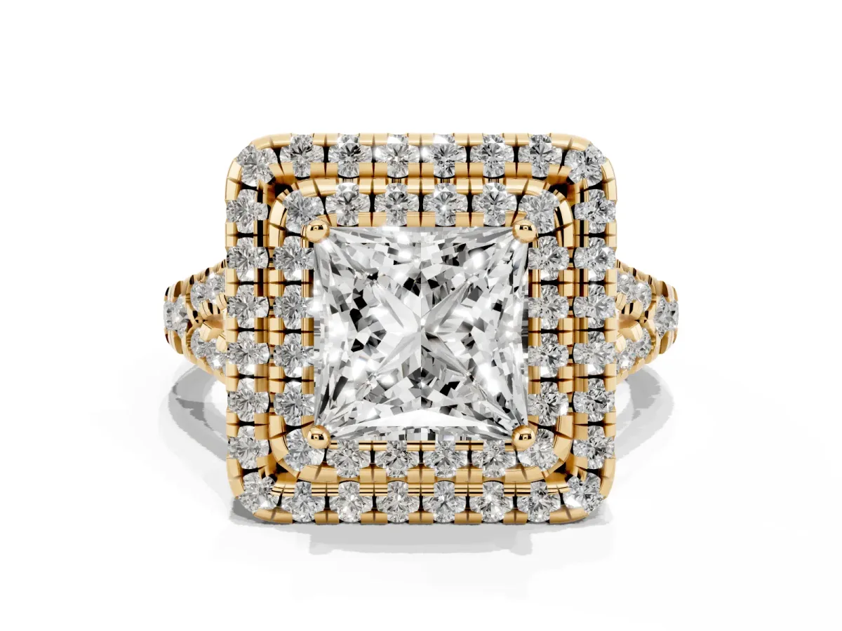 Double Halo Princess Cut Diamond Pavé Split Shank Ring with Prong Setting Yellow gold