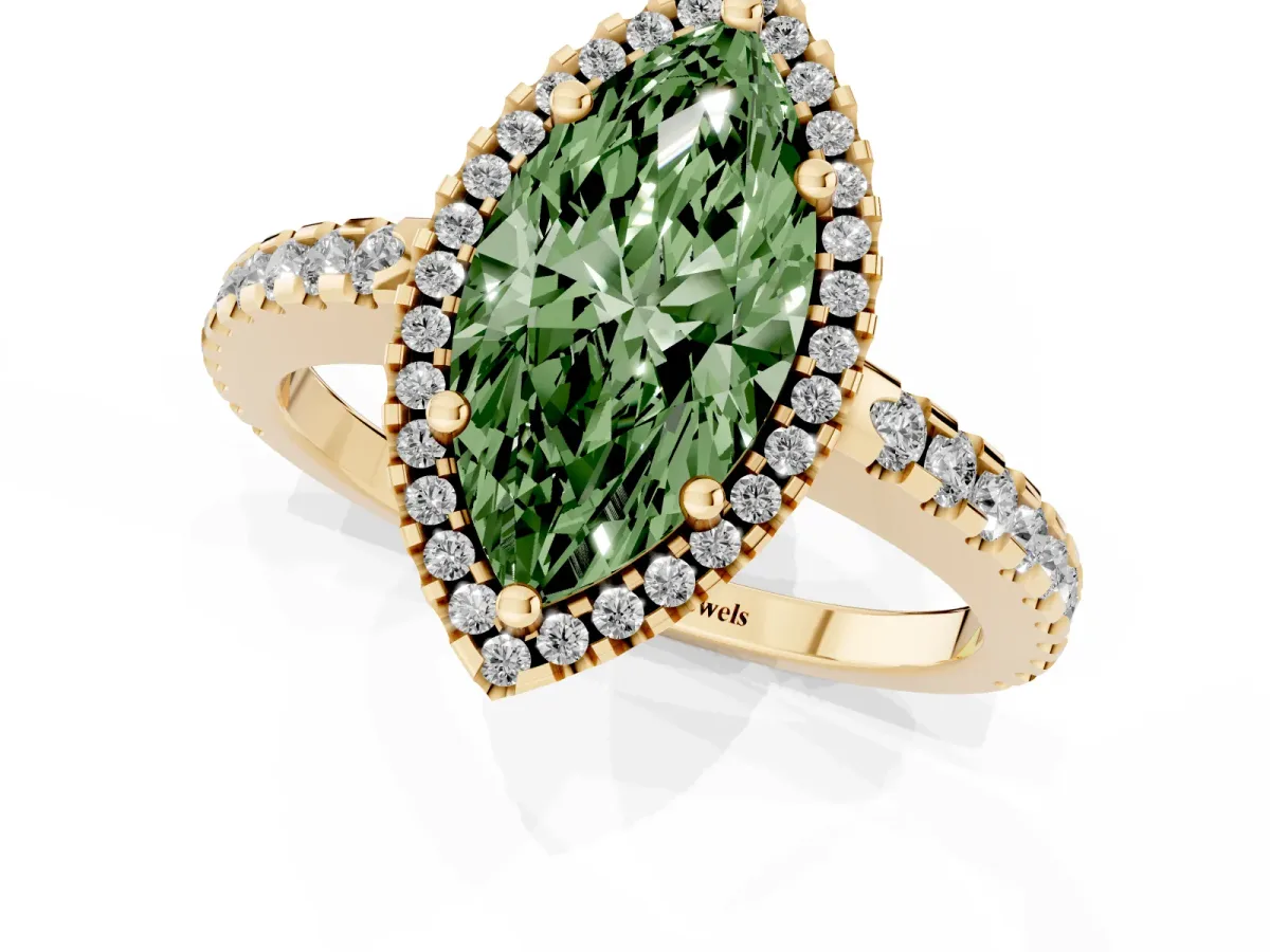 Fancy Green Marquise Cut Diamond Halo Engagement Ring with Pavé Band and Prong Setting Yellow gold