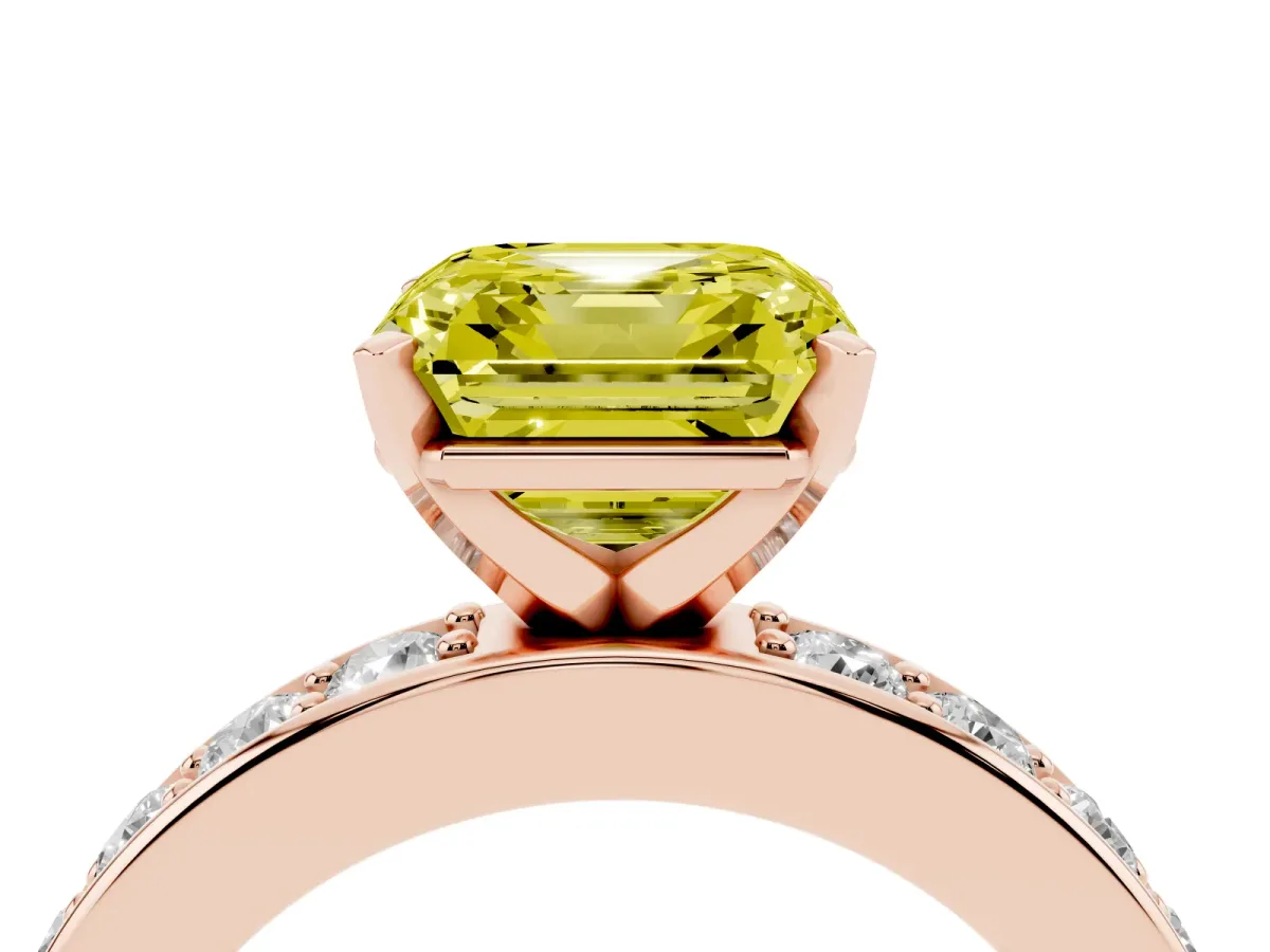 Fancy Yellow Asscher Cut Diamond Engagement Ring with Channel Set Round Band and Prong Setting Rose gold