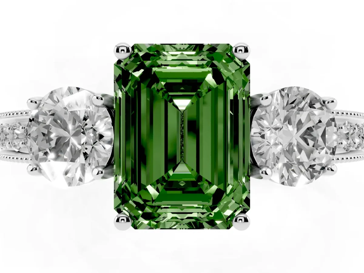 Fancy Green Emerald Cut Three-Stone Diamond Ring with Pavé Band and Four-Prong Setting Silver