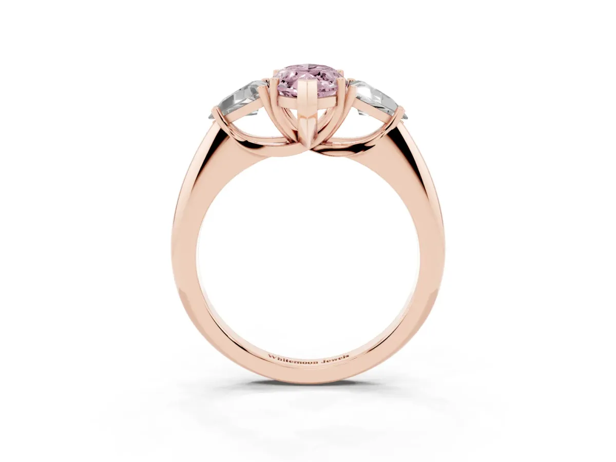 Fancy Pink Three-Stone Marquise Cut Diamond Engagement Ring with Trillion Side Stones and Prong Setting Rose gold