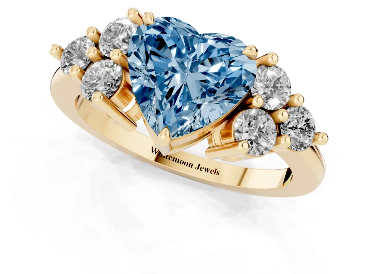 Fancy Blue Heart Cut Brilliant Diamond Cluster Accent Solitaire Ring with Prong Setting Yellow gold